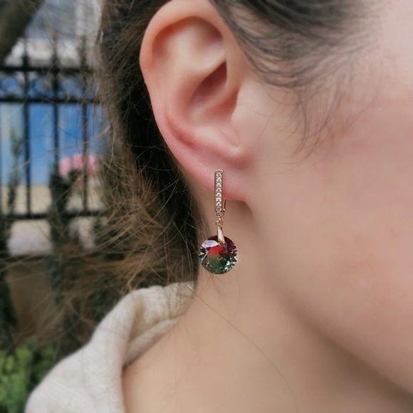 Rose Gold Plated Rainbow Zircon Drop Dangle Earrings - Picture 3 of 6